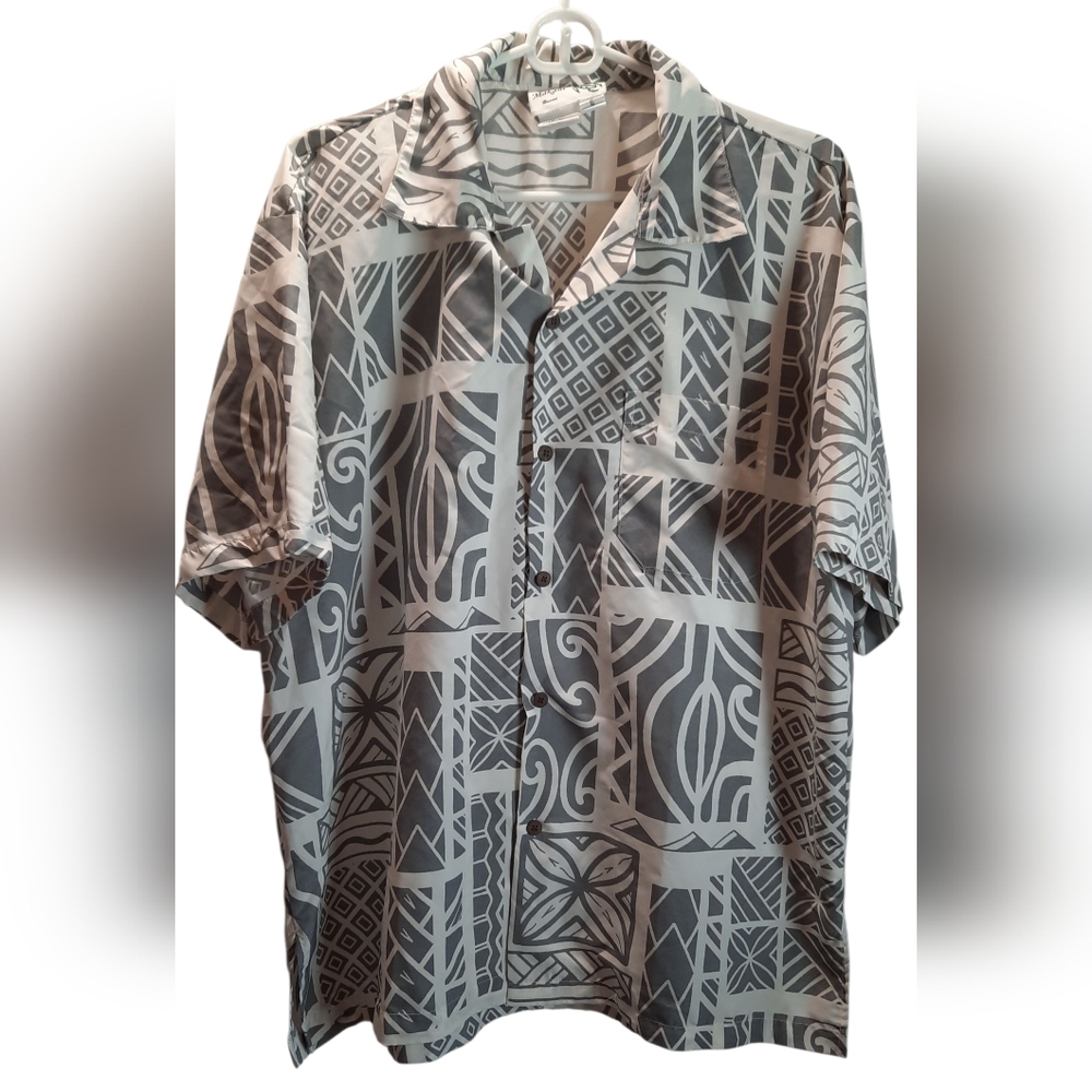 Makani Shirt Mens Large Gray Grometric Print Button Up Hawaiian Tropical Beach